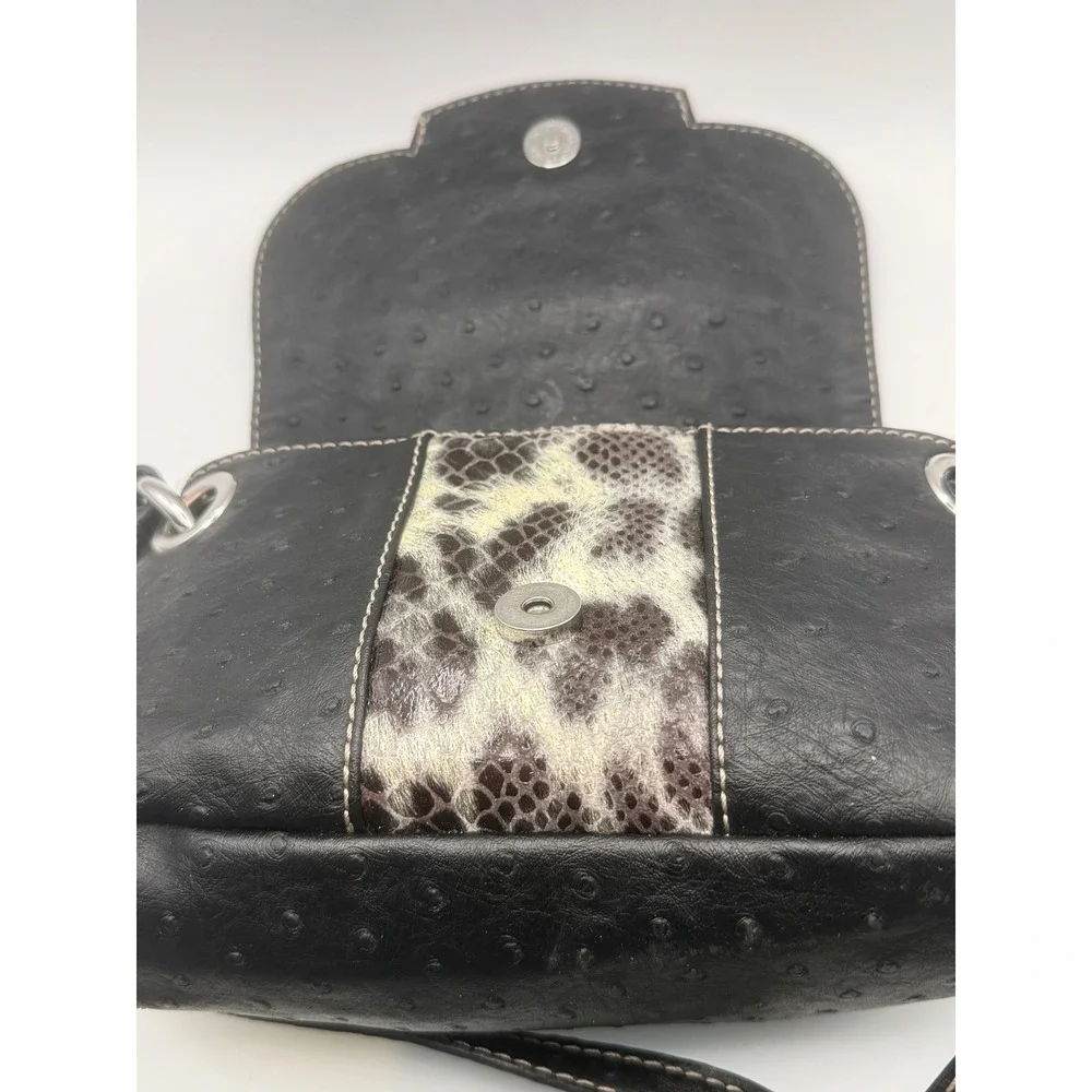 Vtg Guess Black Ostrich Snakeskin Crossbody Purse‎ Bag Silver G Logo Buckle Y2K